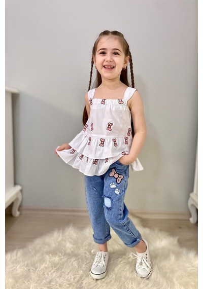 Turuncu Gardrop 3-10 Yaş Fiyonk Detay Bluz Ve Kot Pantolon Seti Beyaz