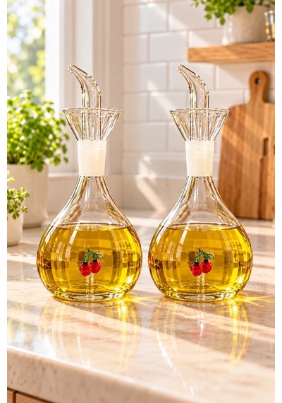 Kirazlı 2 Adet 900 Ml Borosilikat Tombul Cam Yağdanlık Ve Mermer Stantlı Yağlık Sirkelik Seti Şeffaf