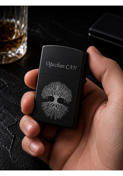 İsime Kişiye Özel Sonsuzluk Ağacı Temalı Benzinli Çakmak Premium Hediye Dolu Gönderim Siyah
