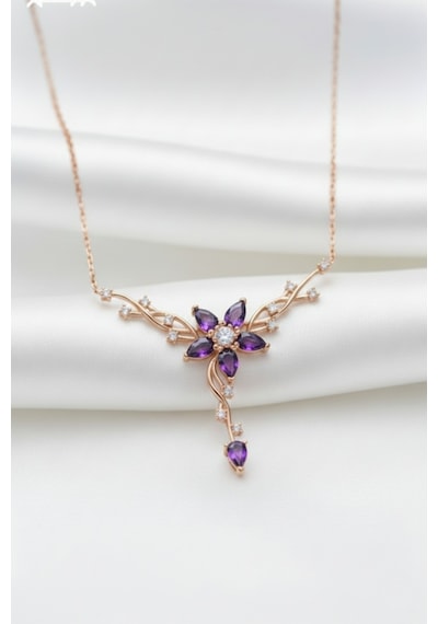 Çekirdekjewelry 925 Ayar Gümüş Mortaşli Taşlı Sarmaşık Kolye Rose