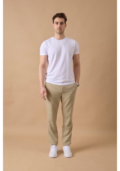 Braccas Erkek Haki Slim Fit Keten Karışımlı Çizgili Pantolon Haki