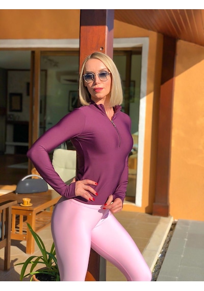 Lismina Mürdüm Rengi Parmağa Geçmeli Fermuarlı Uzun Kol Spor Bluz Mürdüm