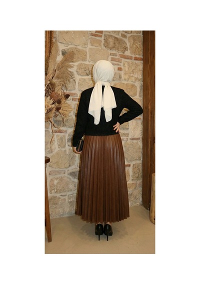 Unika Boutique Ince Piliseli Model Etek Acı Kahve