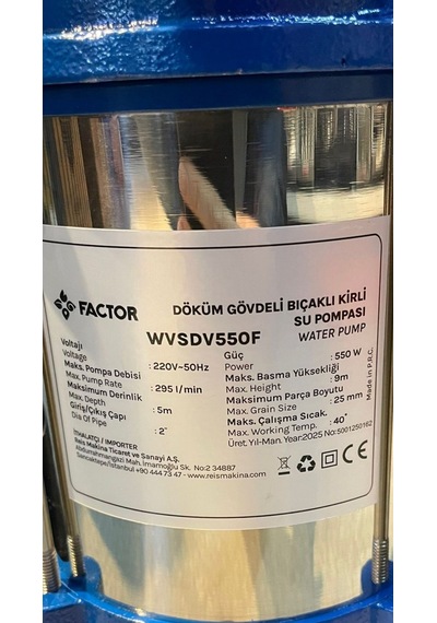 Factor Kirli Su Dalgıç Pompa, Döküm Gövde, 550 W, 8.5 M, Wvsdv550f