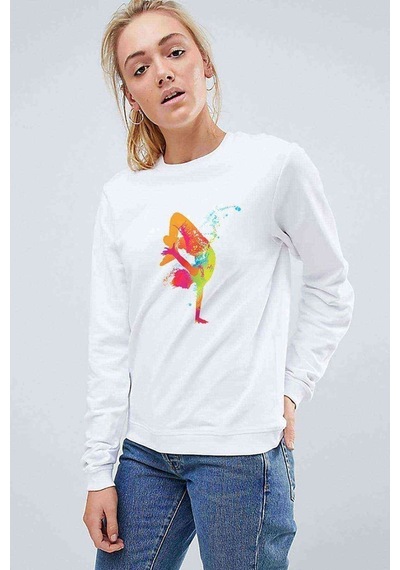 Watercolor Break Dance Baskılı Beyaz Kadın Sweatshirt