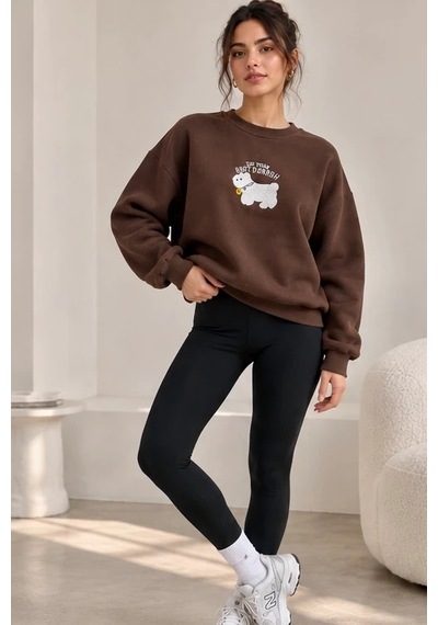 Bbbutikbasic Kadın Kuzu Nakışlı Bisiklet Yaka 3 İplik Sweatshirt My3535 Kahverengi