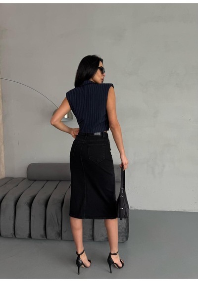 Zeo Basic Yırtmaçlı Midi Boy Likralı Jean Etek Siyah+Füme