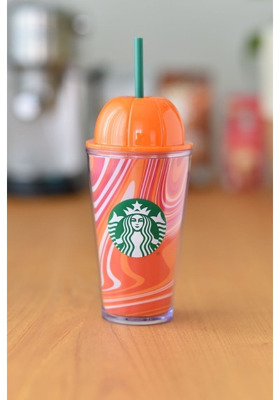 Starbucks Balkabağı Tasarımlı Plastik Pipetli Termos Psl Serisi 473ml Turuncu