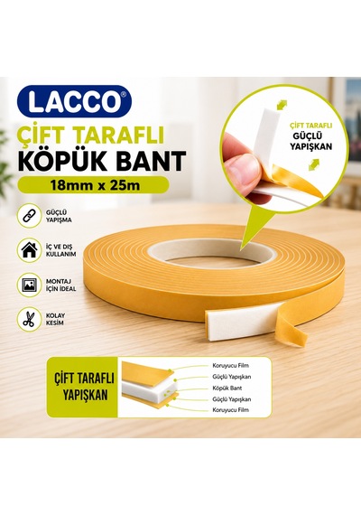 Lacco Çift Taraflı Köpük Bant 18 Mm X 25 M Güçlü Yapışkanlı Montaj Bandı Çok Amaçlı Beyaz 1 Adet