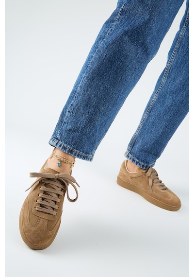 Manijero Krahe Barbella Kadın Hakiki Deri Üç Ayrı Alternatif Bağcıklı Kum Sneakers