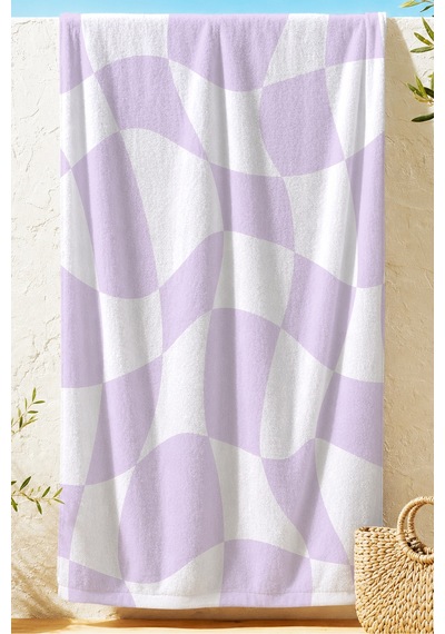 Lila Beyaz Geometrik Modern Plaj Havlusu - Soyut Dalgalı Minimalist Hızlı Kuruyan Mikrofiber Havlu Kül Tınısı