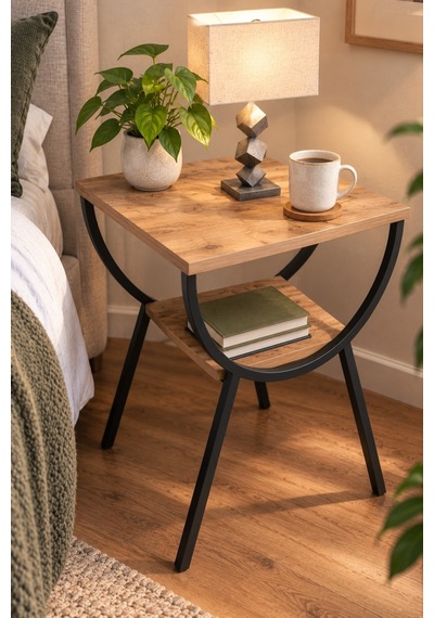 Sulorahome Ceviz Desenli Metal Ayaklı Çift Raflı Yan Sehpa Komodin