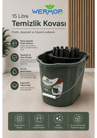 15 Litre Temizlik Kovası Sıkma Aparatlı Mop Kovası - Haki
