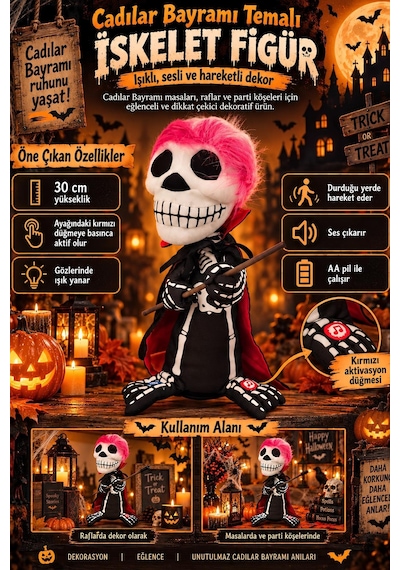 Cadılar Bayramı Hareketli Sesli Işıklı İskelet Figür 30 Cm Halloween Dekoratif Masa Süsü Tüm Yaşlar