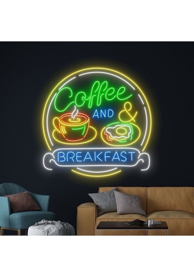 Coffee And Breakfast Yazılı Ve Şekilli Neon Tabela Çok Renkli