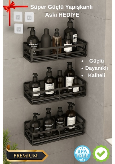 3 Lü Banyo Düzenleyici Organizer Şampuanlık Havlupan Askısı Havluluk Siyah Banyo Duş Mutfak Rafı Çok Renkli