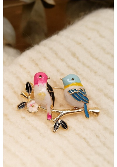 Lovebirds Kuşlar Broş 42x30 Mm Pembe Altın