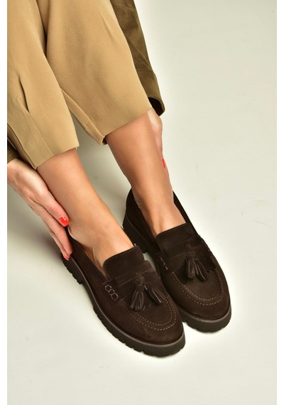 Fox Shoes Z944014461 Kahverengi Süet Kalın Tabanlı Püsküllü Loafer Ayakkabı