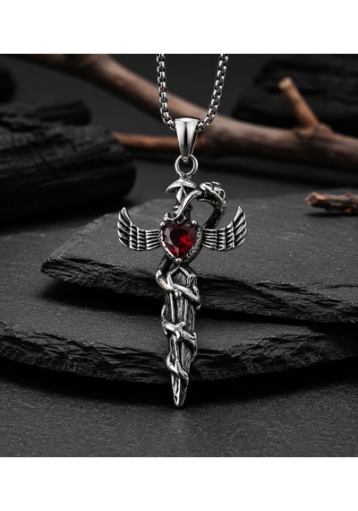 Paslanmaz Çelik Kırmızı Zirkon Taşlı Yılan Kanat Detaylı Gotik Kadın Kolye