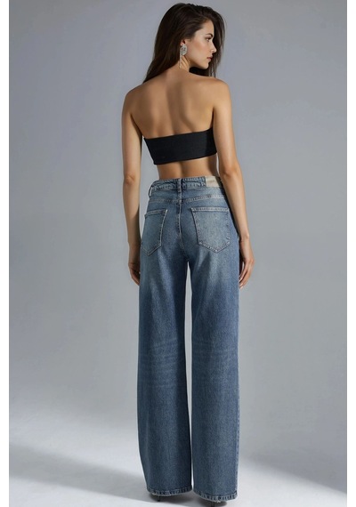 Hiccup Squalo Yüksek Bel Geniş Paçalı Kot Pantolon Orta Mavi Denim