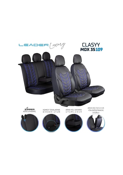 Fiat Egea Urban Plus Uyumlu Lüx Deri Oto Koltuk Kılıfı Ön Arka Takım Classy Serisi Mavi Siyah