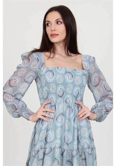 Neşeli Butik Kadın Mint Gipeli Kare Yaka Desenli Şifon Elbise Nb100361 Mint