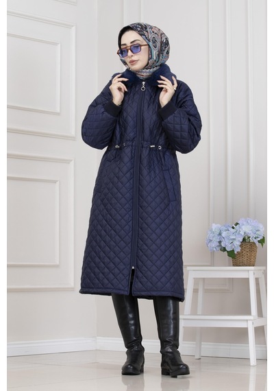 Yakası Kürklü Capitone Mont-lacivert-5564 Lacivert