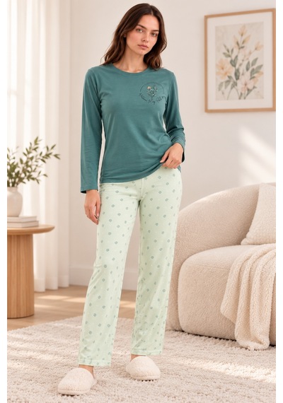 Nisanca Kadın Premium Modal Penye Pijama Takımı %100 Pamuk Soft Yumuşak Dokulu Uzun Kollu Baskılı Desenli Alt Üst 2'li Yesil