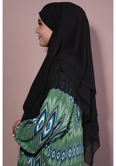 Melodi Scarf Kadın Tesettür Sufle Khimar Peçeli Üç Katlı Şifon Şal Siyah Siyah
