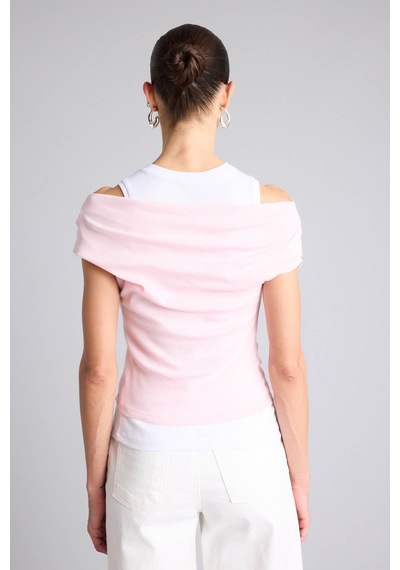 Defacto Slim Fit Çift Katmanlı Ribana Pembe Kadın T-shirt G9546ax/pn186