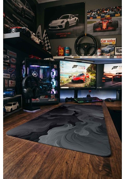 Koyu Gri Soyut Duman Dalgaları 40x90 Cm Oyuncu Mousepad Kaymaz Taban Büyük Boy Mousepad