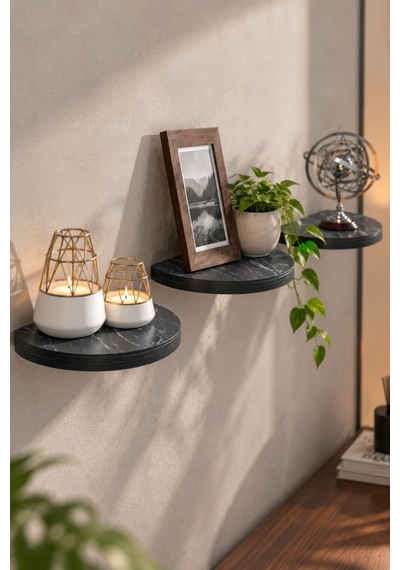 Sulorahome 3'lü Oval Duvar Rafı Siyah Mermer Desenli Dekoratif Raf Seti Siyahmermerdesenli