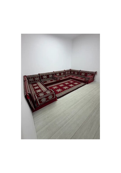 Yıldız Modeli Bordo Otantik Şark Köşesi Takımı U Set - Geleneksel Yer Minderi Seti 10 Cm Minder Kalınlığı 15 Parça