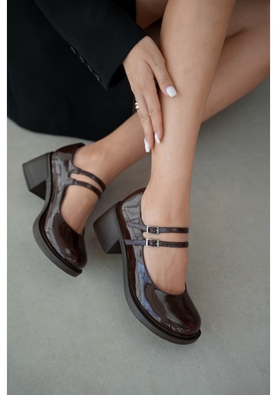 Selin Shoes Sandy Çift Bantlı Rugan Kadın Loafer- Kahve Rugan Kahverengi