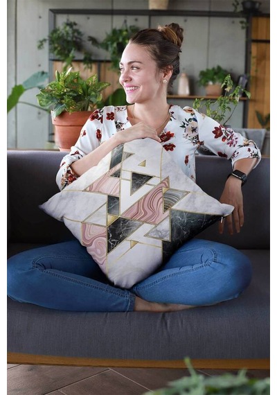 Pembe Geometrik Çift Taraflı Yastık Kırlent Kılıfı Krl092n11