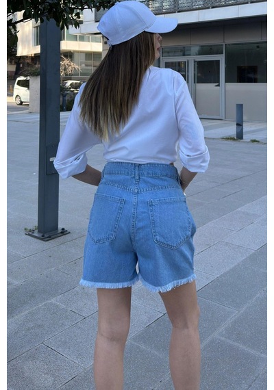 WeShaya Kadın Mavi Püsküllü Paça, Yüksek Bel, Rahat Denim-kot Şort Açık Mavi