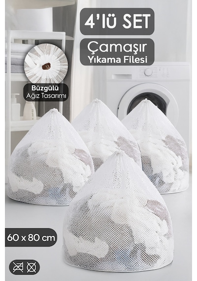 4'lü Perde Ve Çamaşır Yıkama Filesi Seti - Büyük Boy İpli Yıkama Filesi 60x80 Cm Beyaz