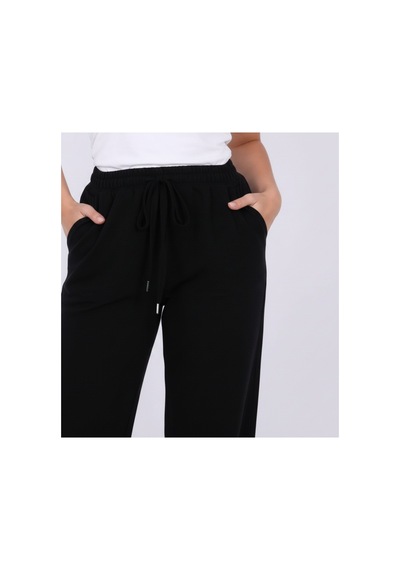 Myrab Denim Kadın Mavi Baggy Keten Pantolon Lastikli Bel Bağcıklı Rahat Geniş Paça Yazlık Pantolon Siyah