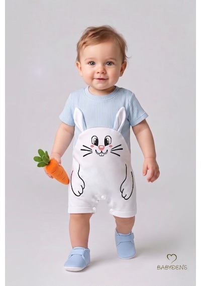 Babyden's Tavşan Baskılı Şortlu Erkek Bebek Tulum %100 Pamuk Yazlık Kısa Kollu Çıtçıtlı Yenidoğan Bebek Tulumu 0-9 Ay Bebe Mavisi