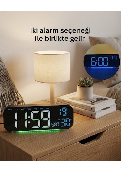 Büyük Led Dijital Çalar Saat Rgb Renkli Gece Lambası Saat Tarih Gün Sıcaklık Göstergeli Masa Ve Yatak Odası Saati Siyah