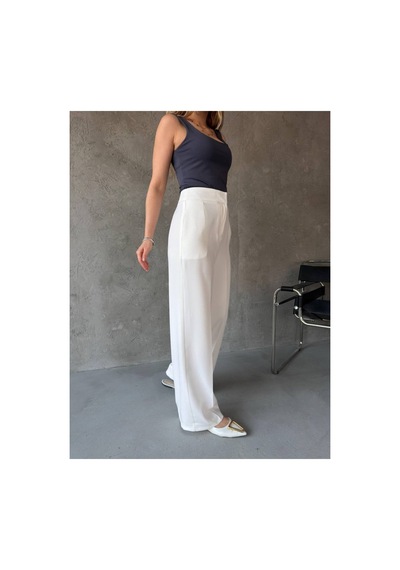 Arba Pantalon Beyaz Krep Kumaş Dökümlü Beyaz Beyaz