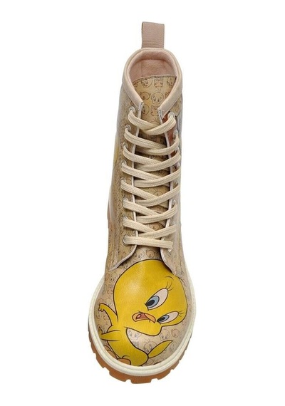 Kadın Vegan Deri Bej Uzun Bot - Warner Bros Tweety Moods Tasarım Multicolor