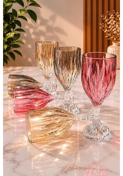 6 Lı Renkli Kristal Desenli Cam Kadeh Seti Kahve Yanı Bardağı 19 Cm Vintage Su Meşrubat Bardağı Çok Renkli