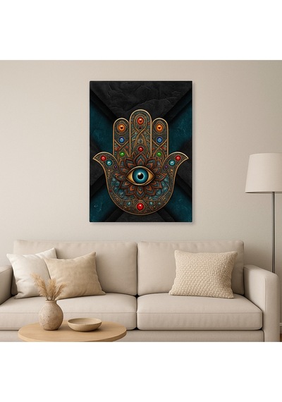 Hamsa El Ve Nazar Göz Tasarımlı Dekoratif Cam Tablo