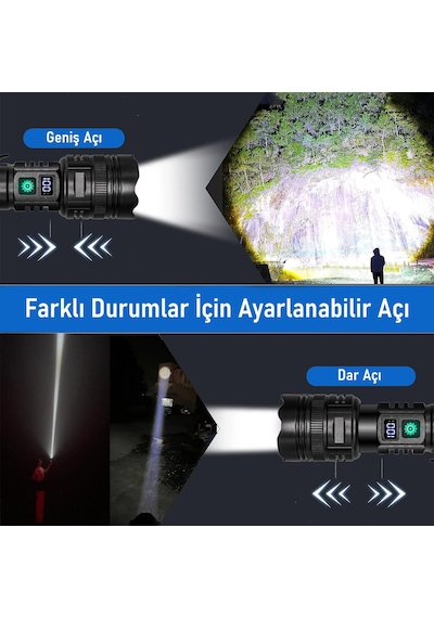 Valkyrie Profesyonel Şarjlı Led El Feneri Güçlü Avcı Feneri, Uzun Pil Ömrü, Dayanıklı Tasarımavcı Feneri Siyah