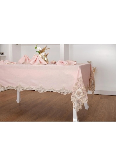 Anka Güpürlü Keten Pudra Sofra Takımı 8 Kişilik 160x230 Cm 17prç. - 1165 Çok Renkli