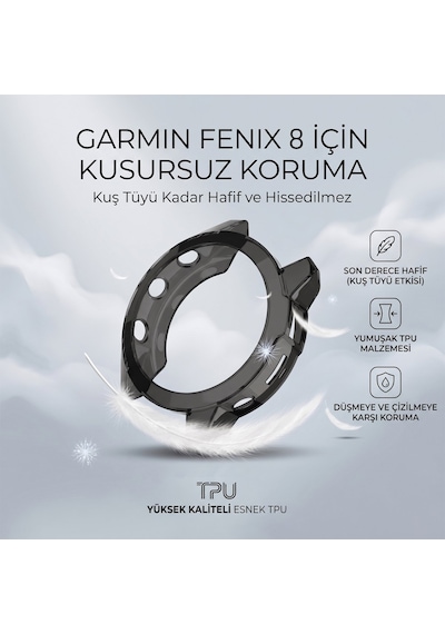 Caseonn Garmin Fenix 8 - 47 Mm, Amoled Kılıf Darbeye Dayanıklı Kasa Koruyucu Esnek Silikon Şeffaf