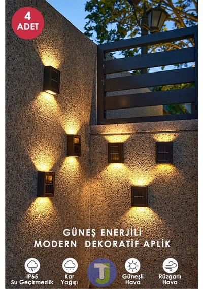 Technojet 4 Adet Modern Solar Güneş Enerjili 4 Ledli Bahçe Aydınlatması Aplik Sarı Işık Led Lamba