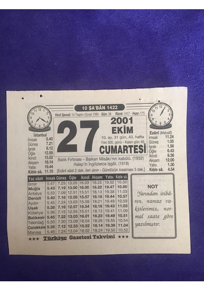 27 Ekim 2001 Takvim Yaprağı - Nostalji Koleksiyonluk Takvim Yaprağı B