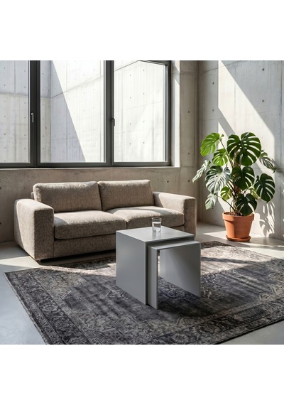 Modern Metal Zigon Sehpa Seti Minimal Tasarım İç İçe Geçen Yan Sehpa 2 Li Set Gri